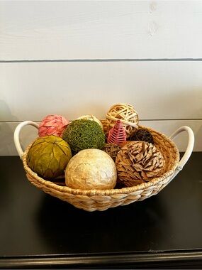 Decorative Woven Basket with Assorted Natural Accent Balls - Neutral & Green